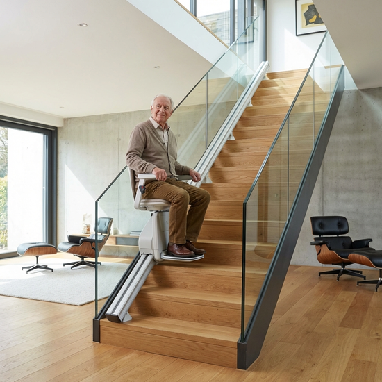 Ein moderner, unauffälliger Treppenlift in einem gepflegten, hellen Einfamilienhaus. Ein älterer Herr fährt sicher und entspannt die Treppe hinauf. Hochwertige, realistische Innenarchitektur.
