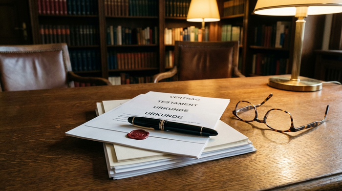 Ein eleganter Füllfederhalter liegt auf einem ordentlichen Stapel wichtiger Dokumente auf einem massiven Holztisch. Eine Lesebrille liegt daneben. Seriöse und geordnete Atmosphäre.