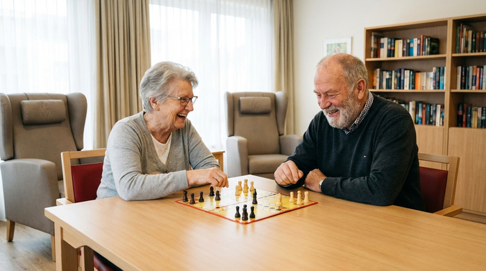 Eine ältere Dame und ein Herr sitzen gemeinsam an einem hellen Holztisch in einer Tagespflege und spielen vergnügt ein Brettspiel. Im Hintergrund stehen bequeme Ruhesessel. Gemütliches, sauberes Ambiente, hohe Fotoqualität.