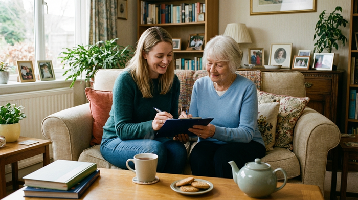 Eine erwachsene Tochter sitzt mit ihrer älteren Mutter auf dem Sofa im heimischen Wohnzimmer und füllt gemeinsam entspannt Formulare aus. Eine Tasse Tee steht auf dem Tisch. Friedliche, alltägliche Stimmung.