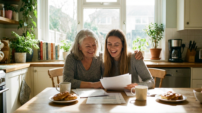 Eine ältere Frau und ihre erwachsene Tochter sitzen entspannt bei einer Tasse Kaffee am Küchentisch und betrachten gemeinsam zufrieden einige Dokumente. Entspannte, sorgenfreie Stimmung, helles Wohnzimmer.