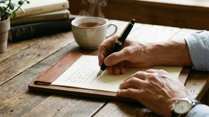 Eine detaillierte Nahaufnahme von Händen, die mit einem eleganten Kugelschreiber auf einem Klemmbrett Notizen machen. Im Hintergrund unscharf eine Tasse Tee auf einem Holztisch. Gemütliche, organisierte Atmosphäre.