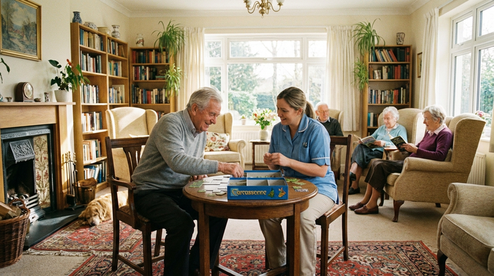 Ein älterer Herr mit grauem Haar lächelt entspannt, während er mit einer Pflegekraft in einem hellen, gemütlichen Raum ein Brettspiel spielt. Im Hintergrund sitzen weitere Senioren in bequemen Sesseln.