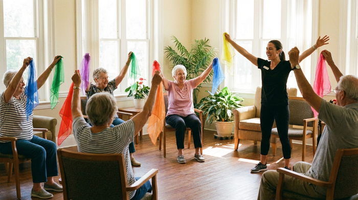Eine Gruppe Senioren macht leichte Gymnastikübungen im Sitzen. Sie halten bunte Tücher in den Händen und heben die Arme. Eine motivierte Therapeutin macht die Übungen vor. Helles Tageslicht fällt durch große Fenster in den Raum.