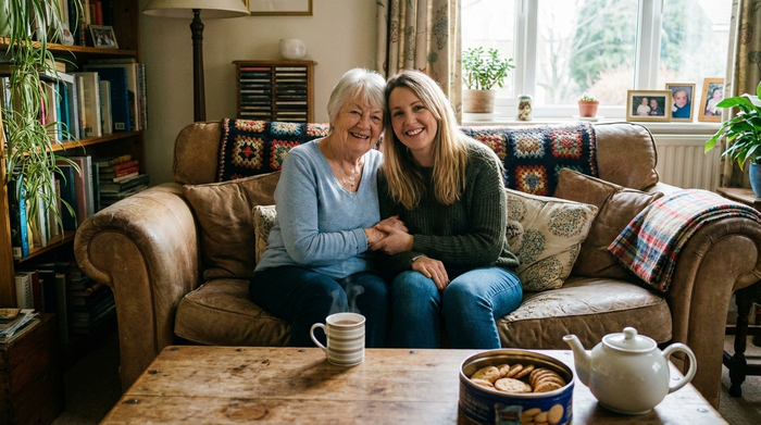 Eine ältere Dame und ihre erwachsene Tochter sitzen gemeinsam auf einem Sofa und schauen glücklich und erleichtert in die Kamera. Eine Tasse Tee steht auf dem Holztisch vor ihnen. Gemütliches, häusliches Ambiente.