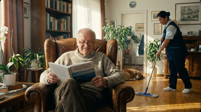 Ein älterer Herr sitzt entspannt in einem gemütlichen Sessel und liest ein Buch, während im Hintergrund eine zertifizierte Reinigungskraft den Holzboden eines sonnigen Wohnzimmers wischt.