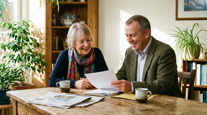 Eine ältere Dame und ein freundlicher Berater sitzen gemeinsam an einem Holztisch und schauen sich lächelnd Unterlagen an. Helle, freundliche Atmosphäre, zwei Kaffeetassen stehen auf dem Tisch.