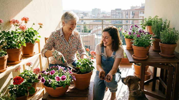 Zwei Frauen, eine jüngere und eine ältere, pflanzen gemeinsam fröhlich Blumen in Töpfe auf einem sonnigen, aufgeräumten Balkon.