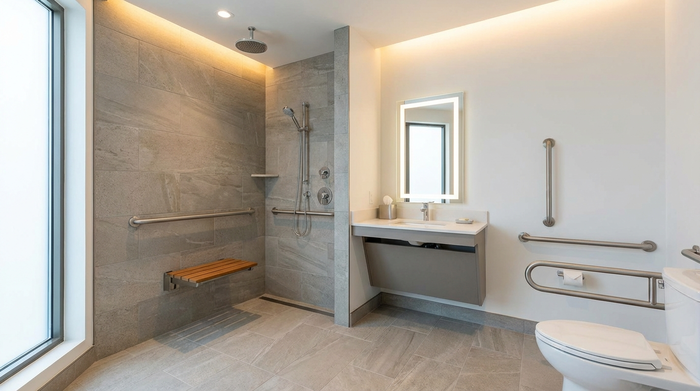 Ein modernes, komplett barrierefreies Badezimmer mit einer ebenerdigen Dusche, eleganten Haltegriffen an den Wänden und rutschfesten Fliesen. Sehr sauber, hell und sicher gestaltet.