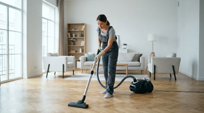 Eine Reinigungskraft saugt konzentriert den hellen Parkettboden in einem aufgeräumten, modernen Wohnzimmer. Im Hintergrund leichte Unschärfe, sauberes und helles Ambiente, realistische Szene ohne Text.
