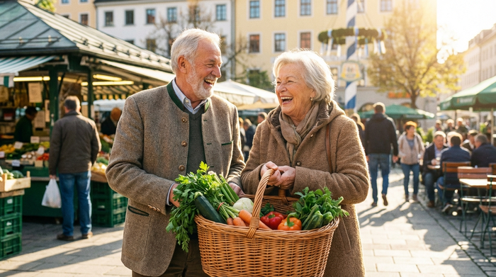 Eine engagierte Seniorenassistentin geht gemeinsam mit einer älteren Dame über den sonnigen Viktualienmarkt in München. Beide lachen herzlich und tragen frisches Gemüse in einem Korb, lebendige und positive Stimmung.