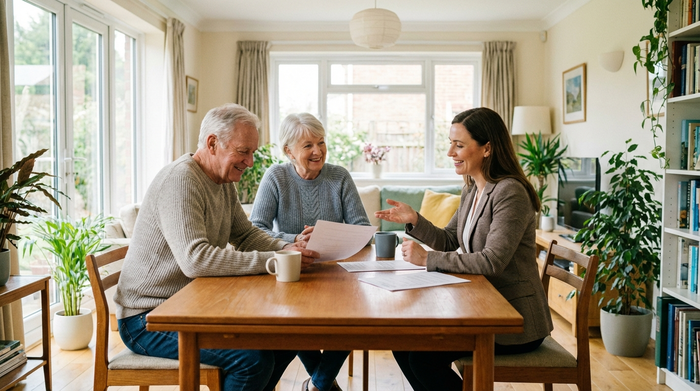 Ein älteres Ehepaar sitzt am Esstisch und schaut entspannt auf Dokumente, während eine sympathische Beraterin freundlich lächelnd etwas erklärt. Helle, freundliche Umgebung, professionelle und vertrauensvolle Beratungssituation.