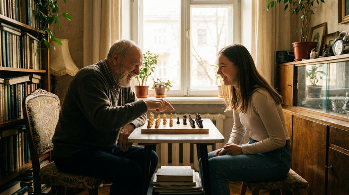 Ein älterer Herr und eine junge Alltagsbegleiterin spielen vergnügt Schach an einem kleinen Tisch direkt am Fenster. Gemütliche Einrichtung, warme Beleuchtung, Fokus auf die fröhlichen Gesichter der beiden.