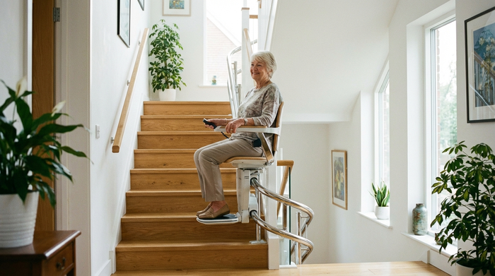 Eine ältere Frau fährt mühelos und sicher mit einem modernen Treppenlift in einem gepflegten Einfamilienhaus nach oben. Helles Treppenhaus, sicheres und entspanntes Lächeln, realistische Darstellung.