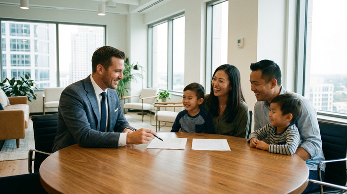 Ein seriöser Berater und eine Familie sitzen an einem runden Holztisch in einem modernen Büro und besprechen freundlich Dokumente. Klare, professionelle Atmosphäre, keine sichtbaren Texte auf den Papieren.