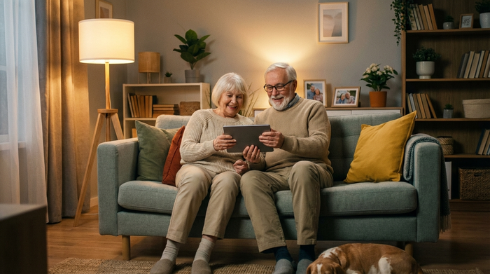 Ein älteres Ehepaar sitzt entspannt auf dem Sofa und schaut zufrieden auf ein Tablet in ihren Händen. Warme Beleuchtung, aufgeräumtes Wohnzimmer, fröhliche und erleichterte Stimmung.