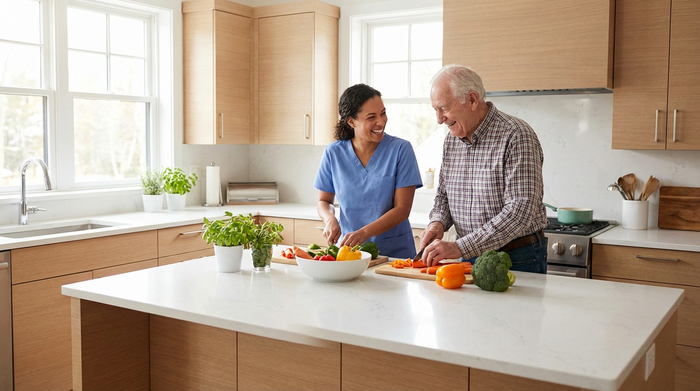 Eine freundliche Pflegekraft bereitet gemeinsam mit einem Senior in einer hellen, modernen Küche frisches Gemüse vor. Beide lächeln und arbeiten harmonisch zusammen, saubere Arbeitsfläche.