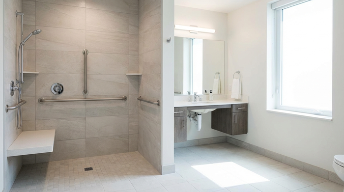 Ein modernes, helles und barrierefreies Badezimmer mit einer großzügigen, bodengleichen Dusche und stabilen Haltegriffen. Sauber, sicher und elegant eingerichtet, ohne störende Elemente.