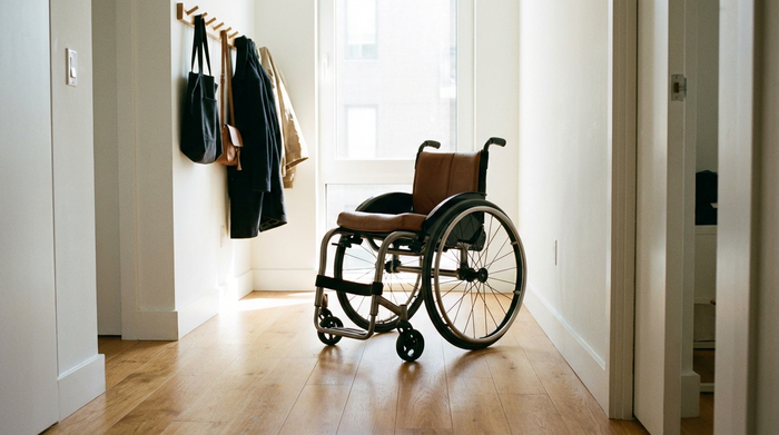 Ein hochwertiger Leichtgewichtrollstuhl steht ungenutzt in einem hellen Flur einer modernen Wohnung. Sanftes Tageslicht, sauberes und ruhiges Ambiente, warmer Holzfußboden.