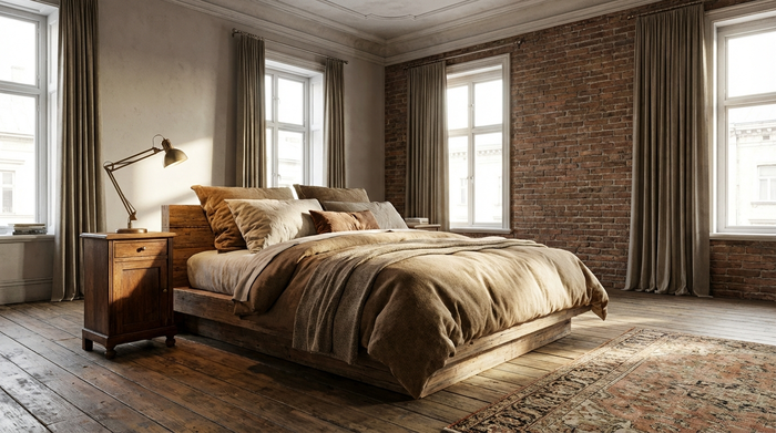 Ein gemütliches Schlafzimmer in einem Altbau mit einem modernen Niederflurbett. Kuschelige Kissen und eine warme Decke liegen auf dem Bett, ein Nachttisch mit einer Leselampe steht daneben.