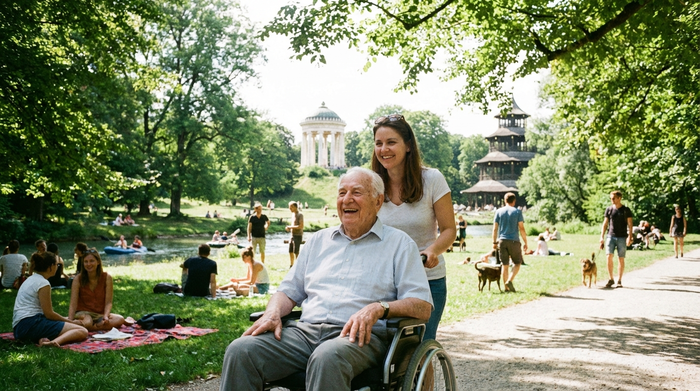 Ein älterer Herr im Rollstuhl wird von seiner Tochter an einem sonnigen Tag durch den Englischen Garten in München geschoben. Grüne Bäume, entspannte und fröhliche Stimmung, realistische Natur.