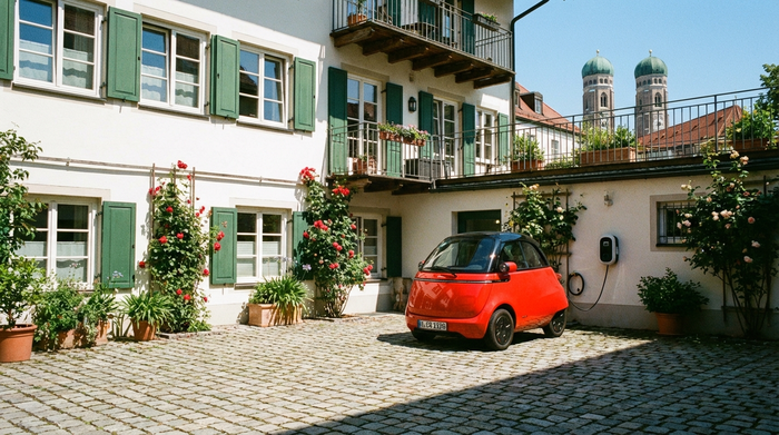 Ein rotes Elektromobil steht sicher geparkt in einem sauberen, ebenerdigen Innenhof eines Münchner Wohnhauses. Sonniges Wetter, Kopfsteinpflaster, gepflegte Umgebung, keine Personen.