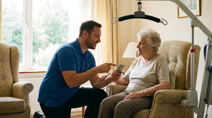 Ein freundlicher Techniker im blauen Poloshirt erklärt einer älteren Dame in ihrem Wohnzimmer geduldig die Fernbedienung eines Patientenlifters. Realistische Interaktion, helle Beleuchtung, vertrauensvolle Atmosphäre.