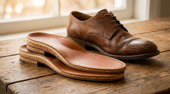Nahaufnahme von hochwertigen, maßgefertigten orthopädischen Einlagen, die neben einem bequemen Lederschuh auf einem sauberen Holztisch liegen. Warme Beleuchtung, professionelle Produktfotografie, realistisch, keine Beschriftungen.