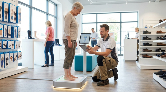 Ein moderner, gut beleuchteter Raum in einem Sanitätshaus. Eine ältere Dame steht barfuß auf einem flachen, dezent leuchtenden 3D-Fußscanner. Ein freundlicher Orthopädietechniker in Berufskleidung kniet daneben und assistiert. Realistische Szene, professionelles Umfeld, ohne Text.