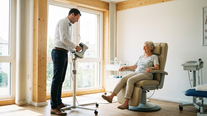Eine professionelle, helle Kabine in einem Sanitätshaus. Ein Orthopädietechniker misst mit einem digitalen 3D-Gerät berührungslos das Bein einer entspannt sitzenden Seniorin. Ruhige Atmosphäre, fotorealistisch, keine lesbaren Texte oder Diagramme.