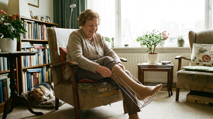 Eine ältere Frau sitzt bequem auf einem Sessel in einem gemütlichen Wohnzimmer und nutzt eine praktische metallene Anziehhilfe, um mühelos einen hautfarbenen Kompressionsstrumpf über den Fuß gleiten zu lassen. Helles Tageslicht, realistisch.