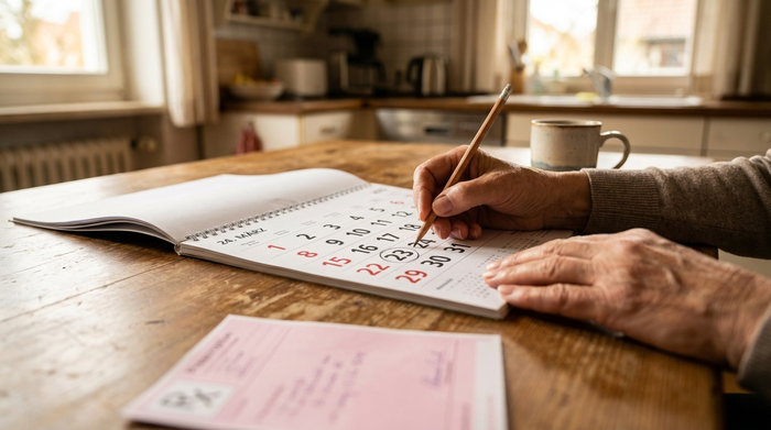 Nahaufnahme von gepflegten Händen eines Seniors, der einen Kalender auf dem Küchentisch betrachtet und mit einem Stift ein Datum markiert. Ein rosafarbenes Rezept liegt unscharf im Vordergrund auf dem Holztisch. Warme, gemütliche Wohnatmosphäre mit einer Kaffeetasse daneben.