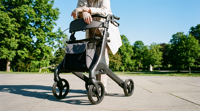 Ein eleganter, leichter Carbon-Rollator in modernem Dunkelgrau steht auf einem glatten Gehweg in einem sonnigen Park. Eine ältere Person stützt sich entspannt darauf ab, nur die Arme und der Oberkörper sind leicht angeschnitten sichtbar. Im Hintergrund grüne Bäume und ein strahlend blauer Himmel.