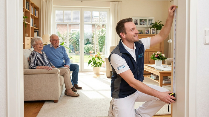 Ein freundlicher Berater eines Sanitätshauses in gepflegter Arbeitskleidung kniet im hellen Wohnzimmer eines Seniorenpaares und misst mit einem Maßband den Türrahmen aus. Das ältere Ehepaar sitzt entspannt auf dem Sofa und schaut interessiert zu. Gemütliche, aufgeräumte Wohnumgebung mit großen Fenstern.