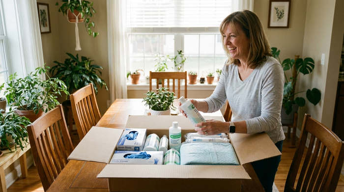 Ein geöffneter, ordentlicher Karton auf einem Esstisch, gefüllt mit nützlichen Pflegeutensilien wie verpackten Einmalhandschuhen, Desinfektionsmittelflaschen und weichen Bettschutzeinlagen. Eine lächelnde Frau mittleren Alters packt die Artikel sorgfältig aus. Helles, einladendes Esszimmer mit Pflanzen im Hintergrund.