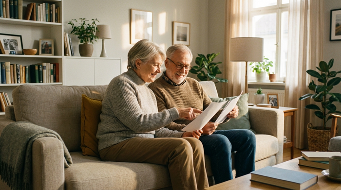 Ein älteres Ehepaar sitzt auf einem bequemen Sofa im heimischen Wohnzimmer und schaut sich gemeinsam Dokumente an. Ruhige, aufgeräumte Umgebung, weiches Licht, entspannte und positive Stimmung, realistische Szene ohne Schriftzüge.