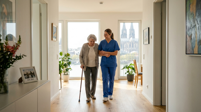 Eine fürsorgliche Pflegekraft hilft einer älteren Dame beim Gehen im Flur einer modernen Kölner Wohnung. Die Pflegekraft stützt die Dame sanft am Arm. Helle, freundliche Umgebung, professionelle und empathische Ausstrahlung.