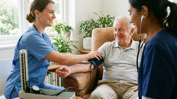 Nahaufnahme einer Pflegekraft, die behutsam den Blutdruck eines Seniors misst. Der Senior sitzt entspannt in einem Sessel. Helle, saubere Wohnumgebung, Fokus auf die medizinische Versorgung zu Hause, ohne sichtbare Schriftzüge.