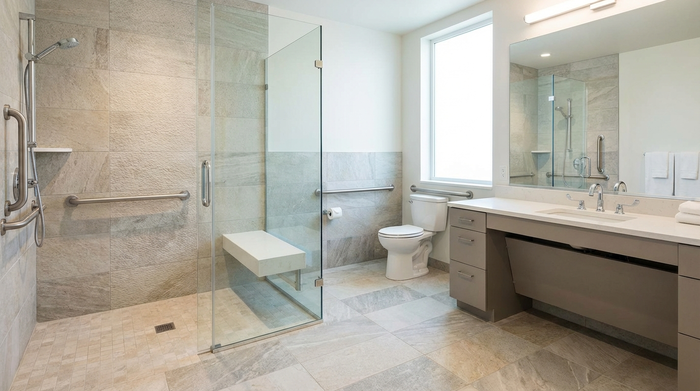 Ein modernes, barrierefreies Badezimmer mit einer ebenerdigen Dusche, rutschfesten Fliesen und stabilen Haltegriffen. Helle, freundliche Gestaltung, sauberes und sicheres Design. Keine Personen im Bild, Fokus auf die altersgerechte Wohnraumanpassung.