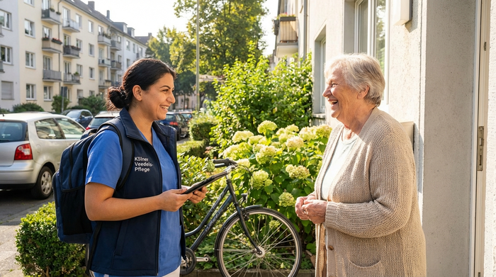 Zwei Frauen unterhalten sich freundlich an einer Haustür in einem Kölner Wohnviertel. Eine Frau trägt die typische Berufskleidung eines ambulanten Pflegedienstes, die andere ist eine Angehörige. Grüner Vorgarten im Hintergrund, sonniges Wetter.