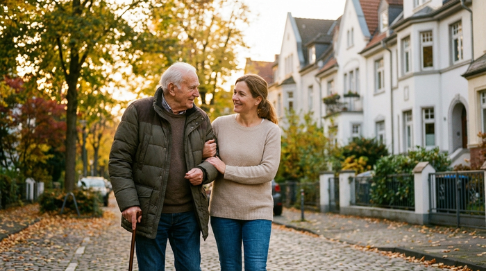 Eine fürsorgliche Pflegekraft stützt einen älteren Herrn beim Spaziergang durch ein herbstliches Kölner Wohnviertel. Im Hintergrund unscharfe, klassische Kölner Stadthäuser. Realistische, herzerwärmende Szene im Freien, klares Tageslicht.