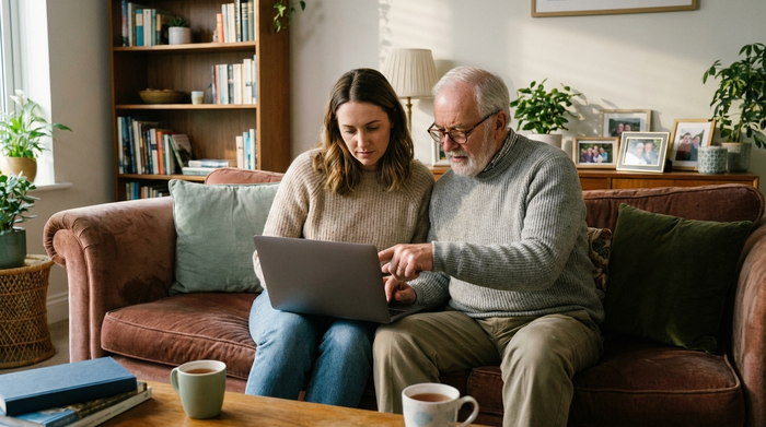 Eine erwachsene Tochter sitzt mit ihrem älteren Vater auf einem bequemen Sofa im Wohnzimmer. Beide blicken konzentriert auf einen Laptop, um verschiedene Angebote zu vergleichen. Gemütliche, aufgeräumte Umgebung, weiches Licht, realistische Szene.