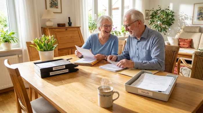 Ein älteres Ehepaar sitzt entspannt am Esstisch und ordnet übersichtlich verschiedene Dokumente. Eine Tasse Kaffee dampft im Vordergrund. Helle, freundliche Raumatmosphäre, die Erleichterung und Struktur ausstrahlt.