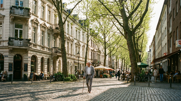 Ein älterer Herr mit grauem Haar und Gehstock spaziert entspannt durch ein idyllisches Kölner Veedel mit historischen Altbauten und großen Bäumen. Warmer Frühlingsnachmittag, realistische Fotografie, klare Umgebung, keine Texte.