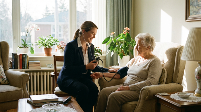 Eine engagierte Pflegekraft misst den Blutdruck einer älteren Dame im gemütlichen Wohnzimmer. Helles Tageslicht, professionelle und zugewandte Haltung, medizinische Routine, ordentliches Umfeld, keine Schrift.