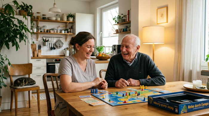 Eine einfühlsame Betreuerin und ein Senior spielen fröhlich ein Gesellschaftsspiel am Esstisch. Im Hintergrund eine aufgeräumte Küche. Lachende Gesichter, warme Beleuchtung, harmonisches Zusammenleben, realistische Szene.