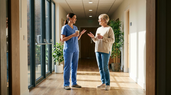 Zwei Pflegeexpertinnen besprechen sich freundlich im Flur einer modernen Seniorenwohnung. Eine trägt typische Pflegekleidung, die andere legere Alltagskleidung. Kooperative Stimmung, helles Licht, realistische Szene, keine Texte.