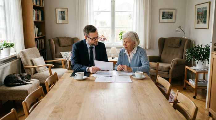 Ein seriöser Berater sitzt mit einer älteren Dame an einem hellen Holztisch und bespricht geduldig Dokumente, gemütliches Wohnzimmer, weiches Tageslicht, realistische Szene.