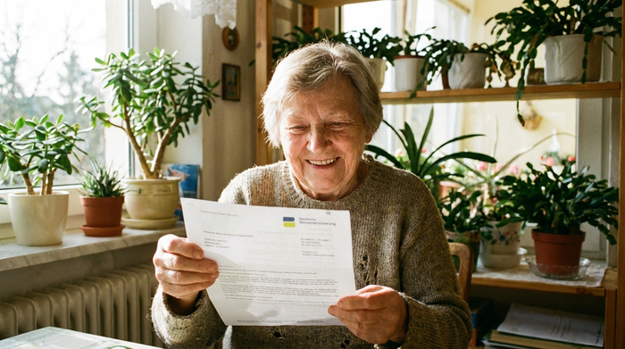 Eine lächelnde Seniorin hält einen Brief in der Hand und wirkt erleichtert, heller Raum mit Zimmerpflanzen im Hintergrund, authentische und warme Fotografie.