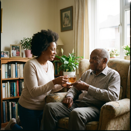 Eine freundliche Pflegekraft reicht einem älteren Herrn in seinem gemütlichen Zuhause eine Tasse Tee, herzliche Atmosphäre, gut ausgeleuchtet, realistisch.